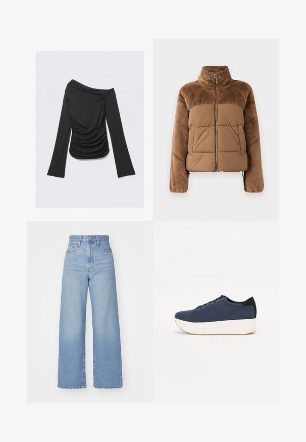 Brown puffer jacket with a soft, fluffy upper section. Features a high collar, front zipper, and two side pockets.; Black off-shoulder long-sleeve top with gathered texture on the sides, made from soft, stretchy fabric, featuring a form-fitting design.; Light blue high-waist wide-leg jeans with front button and zip closure, front and back pockets, on a white background.; Navy blue sneaker with a textured fabric upper, white platform sole, rounded toe, and black heel accent. Features six eyelets for laces.