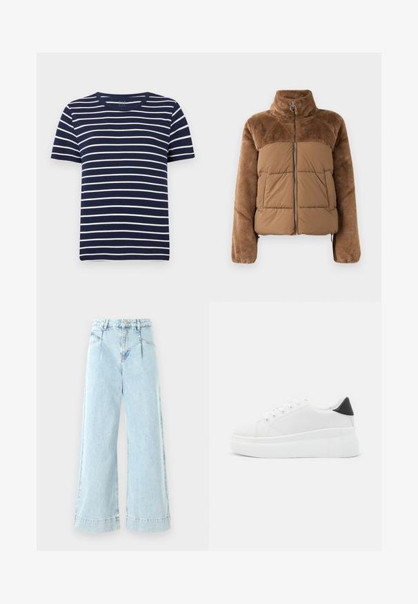 Hnedá puffová bunda s mäkkou, nadýchanou hornou časťou. Obsahuje vysoký golier, predný zips a dve bočné vrecká.; Námornícky modré tričko s krátkym rukávom a bielymi horizontálnymi pruhmi, okrúhly výstrih a mäkký bavlnený materiál. Jednoduchý, klasický dizajn.; Svetlo modré široké džínsy z denimu, s vysokým pásom, prednými vreckami a prešitými detailmi na leme.; Biele platformové tenisky vyrobené z hladkého syntetického materiálu, so zaoblenou špičkou, šnurovacím dizajnom a textúrovanou gumovou podrážkou. Čierny akcent na päte.