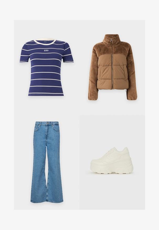 Brown puffer jacket with a soft, fluffy upper section. Features a high collar, front zipper, and two side pockets.; Navy blue short-sleeve t-shirt with horizontal white stripes, featuring a round ribbed neckline and the "GAP" logo in white on the front.; Light blue flared jeans made of denim, featuring a high waist, five pockets, and a single button closure. Soft texture with faded finish.; White platform sneakers featuring a smooth leather-like upper, rounded shape, padded collar, and textured rubber sole with defined treads.
