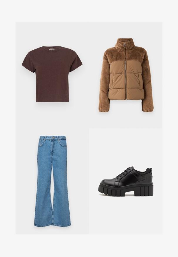 Brown puffer jacket with a soft, fluffy upper section. Features a high collar, front zipper, and two side pockets.; Brown short-sleeve T-shirt made of soft fabric. Features a round neckline and a relaxed fit with straight cut at the hem.; Light blue flared jeans made of denim, featuring a high waist, five pockets, and a single button closure. Soft texture with faded finish.; Black leather platform shoes with a chunky block heel, round toe, and traditional lace-up design. Features smooth texture and minimal detailing.