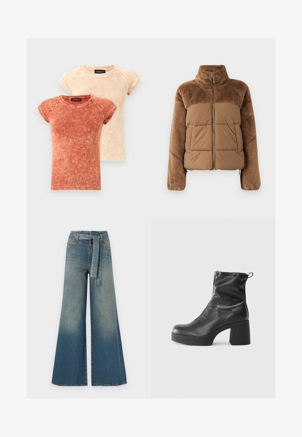 Brūna pūkaina jaka ar mīkstu, pūkainu augšējo daļu. Vēl ir augsts apkakle, priekšējais rāvējslēdzis un divas sānu kabatas.; Divi īssiem piedurknēm, apaļiem kakla T-krekliem izbalējusi sarkanā un bežā krāsā. Audums ir ar mazgātu tekstūru un kontrastējošām stitching detaļām.; Platām kājām džinsu bikses ar gaismas līdz tumši zilam gradientam, augstu jostas līniju, jostas cilpām un atbilstošu auduma jostu. Tekstūrēts džinsas apdare.; Melni potītes zābaki, kas izgatavoti no gludas ādas, ar sānu rāvējslēdzēju, masīvu strukturētu papēdi un noapaļotu purngalu.