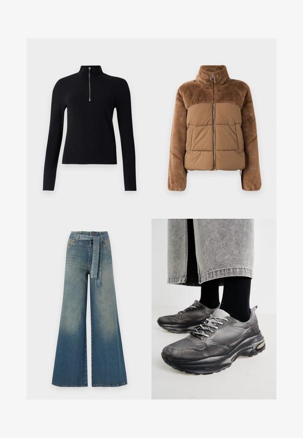 Giacca a vento marrone con una parte superiore morbida e soffice. Presenta un colletto alto, una cerniera frontale e due tasche laterali.; Maglietta nera a maniche lunghe con righe presenta un colletto alto con una mezza cerniera. Il tessuto appare testurizzato e aderente, con un design semplice e moderno.; Pantaloni in denim a gamba larga con una sfumatura che va dal blu chiaro al blu scuro, vita alta, passanti per cintura e una cintura in tessuto coordinato. Finitura in denim strutturato.; Le scarpe da ginnastica nere e grigie presentano una tomaia in rete, suole spesse e lacci. Hanno una punta arrotondata e un dettaglio di ammortizzazione visibile.