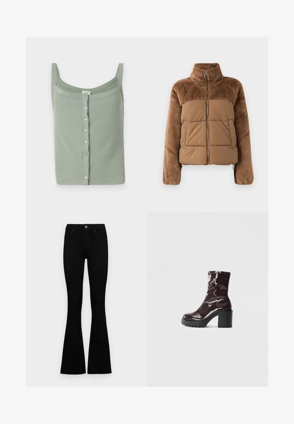 Bruine pufferjack met een zachte, donzige bovenkant. Beschikt over een hoge kraag, een ritssluiting aan de voorkant en twee zijzakken.; Groene geribbelde tanktop met dunne schouderbandjes en een rechte halslijn, met een frontale knoopsluiting en een aansluitend ontwerp.; Zwarte hoge taille jeans met een knoop- en ritssluiting, voorzakken en een flared pijp, plat gelegd op een witte achtergrond.; Glanzende bordeauxrode enkelboot met een chunky zwarte hak, met een gladde textuur en een eenvoudig ontwerp. Geen zichtbare sluitingen of patronen.