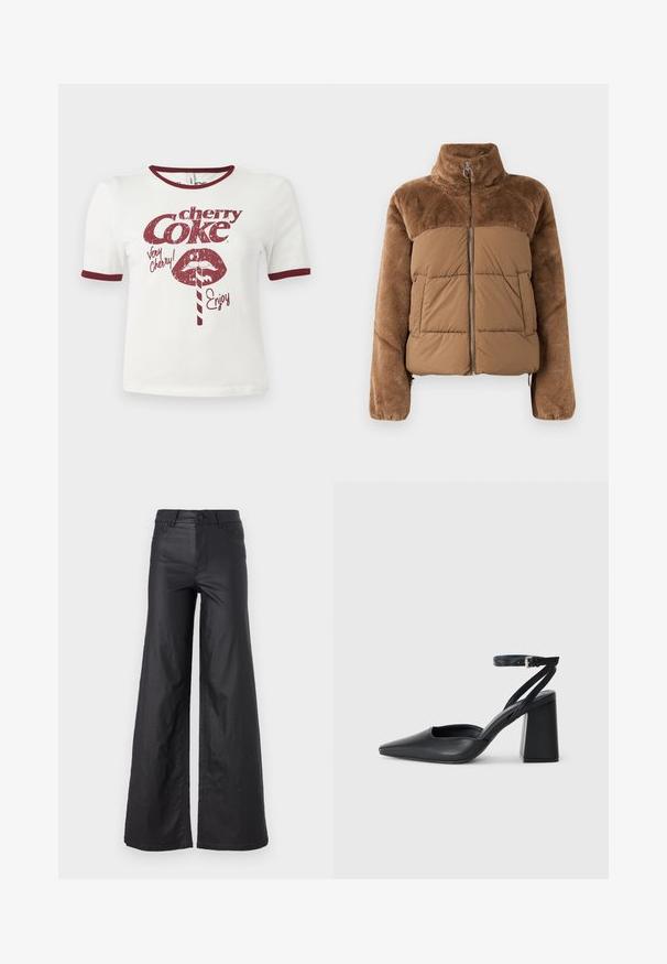 Brown puffer jacket with a soft, fluffy upper section. Features a high collar, front zipper, and two side pockets.; White cotton t-shirt with short sleeves, maroon collar and cuffs, featuring a retro-style graphic of lips, a straw, and the text "cherry Coke."; Black, wide-leg pants in a faux leather material. Features a high waist, belt loops, two front pockets, and stitched detailing.; Black leather pointy-toe pump with an ankle strap and a chunky heel. Flat texture, sleek design, and minimalistic aesthetics.