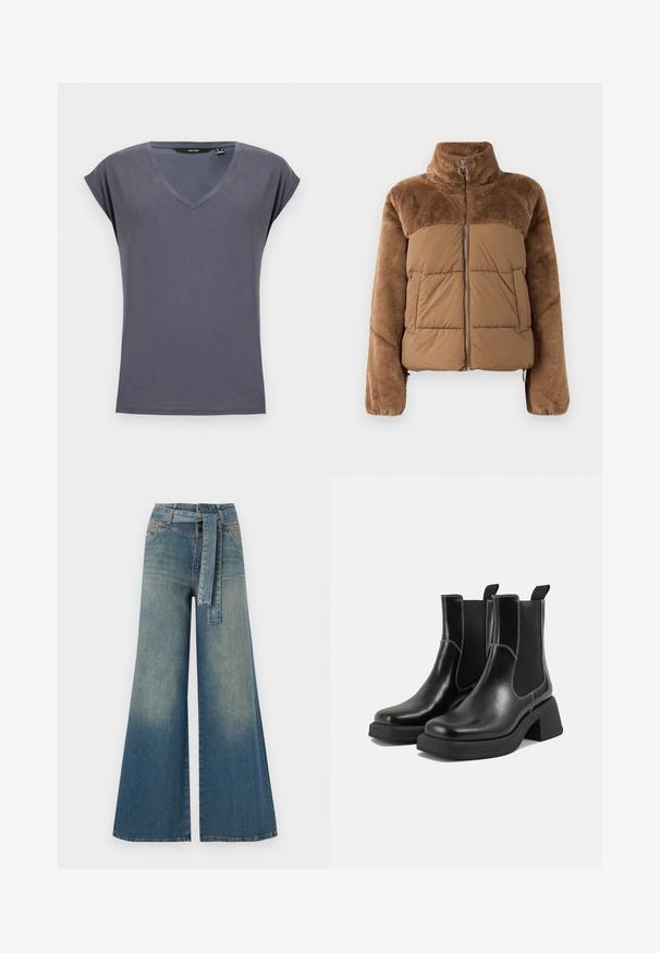 Giacca a vento marrone con una parte superiore morbida e soffice. Presenta un colletto alto, una cerniera frontale e due tasche laterali.; T-shirt grigio con scollo a v e maniche corte arrotolate. Realizzato in un tessuto morbido con una consistenza liscia. Design semplice, senza motivi o decorazioni.; Pantaloni in denim a gamba larga con una sfumatura che va dal blu chiaro al blu scuro, vita alta, passanti per cintura e una cintura in tessuto coordinato. Finitura in denim strutturato.; Stivali Chelsea in pelle nera con tacco spesso, pannelli elasticizzati sui lati e cuciture bianche a contrasto. Finitura testurizzata.
