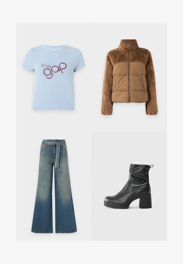 Brun puffjakke med en blød, fluffy øverste del. Har en høj krave, frontlynlås og to sidelommer.; Lyseblå bomulds T-shirt med rund halsudskæring og korte ærmer. Har en blank burgunderrød logo tekst "the gap" i et legende skrifttype.; Bredbens-denimbukser med en lys til mørk blå gradient, høj talje, bælteløkker og et matchende stofbælte. Tekstureret denimfinish.; Sorte ankelstøvler lavet af glat læder, med en sidelukning, kraftig struktureret hæl og rundt tådesign.