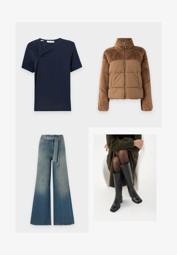 Barna puffernadrág, puha, bolyhos felső résszel. Magas gallérral, elülső cipzárral és két oldalzsebbel rendelkezik.; Sötétkék póló puha anyagból, elől csavart csomó részlettel és klasszikus, kerek nyakkivágással, rövid ujjakkal.; Bőszárú farmernadrág, világos és sötétkék árnyalatokkal, magas derekú, övgyűrűkkel és a nadrággal megegyező anyagú övvel. Textúrált farmer kivitel.; Térdfelett érő fekete bőr csizmák négyzet alakú orral és tömbtalppal, olajzöld kabátban ülő modellel bemutatva. Simaság, minimalista részletezés.