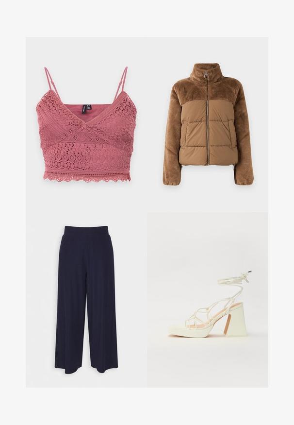 Hnedá puffová bunda s mäkkou, nadýchanou hornou časťou. Obsahuje vysoký golier, predný zips a dve bočné vrecká.; Brosková háčkovaná braletka s nastaviteľnými ramienkami, vlnitým lemom a zložitými čipkovými vzormi po celý materiál.; Široké nohavice z tmavomodrej látky s ribbovanou textúrou. Obsahujú hladký pás a voľný siluetu, s dĺžkou po stred lýtok.; Biele sandále na vysokom opätku s hrubým podpätkom, s pruhovaným dizajnom a viazaním na členku. Hladký povrch s platformou vpredu pre zvýšenú výšku.