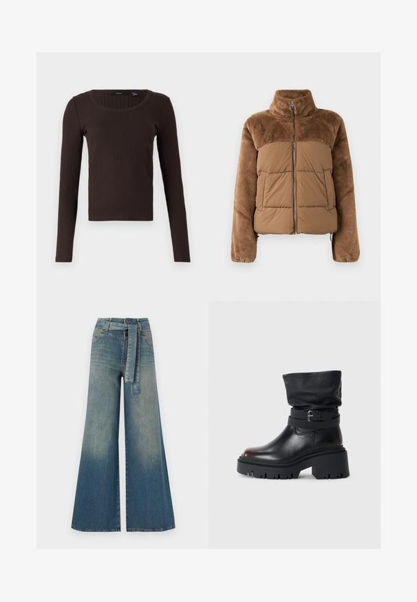 Braune Pufferjacke mit einem weichen, flauschigen oberen Bereich. Sie verfügt über einen hohen Kragen, einen Frontreißverschluss und zwei seitliche Taschen.; Brauner langärmeliger Ripp-Top mit rundem Halsausschnitt und schmaler Passform. Der Stoff hat eine weiche Struktur mit dezentem Stretch.; Weit geschnittene Denim-Hosen mit einem Farbverlauf von hellblau zu dunkelblau, hoher Taille, Gürtelschlaufen und einem passenden Stoffgürtel. Strukturierte Denim-Oberfläche.; Schwarze Leder-Stiefelette mit einem lässigen Schaft, Schnallenverzierung und dickem, robustem Absatz. Verfügt über eine runde Zehenpartie und eine glatte Textur.
