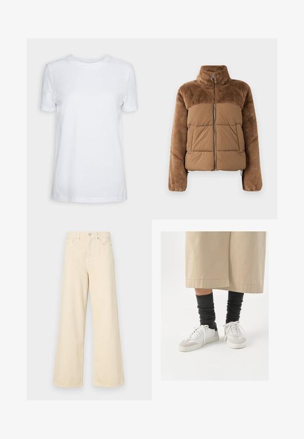 Giacca a vento marrone con una parte superiore morbida e soffice. Presenta un colletto alto, una cerniera frontale e due tasche laterali.; T-shirt bianco a maniche corte realizzato in cotone. Design a girocollo con una texture liscia e senza motivi o accenti visibili. Stile base.; Jeans beige a gamba larga in cotone. Caratterizzati da chiusura con bottone, passanti per cintura e tasche anteriori con una consistenza liscia e morbida.; Sneaker bianchi e grigi con un accento nero sul tallone, caratterizzati da una parte superiore in pelle liscia e una punta in suede testurizzato. Indossati con calzini scuri grigi a sbuffo.