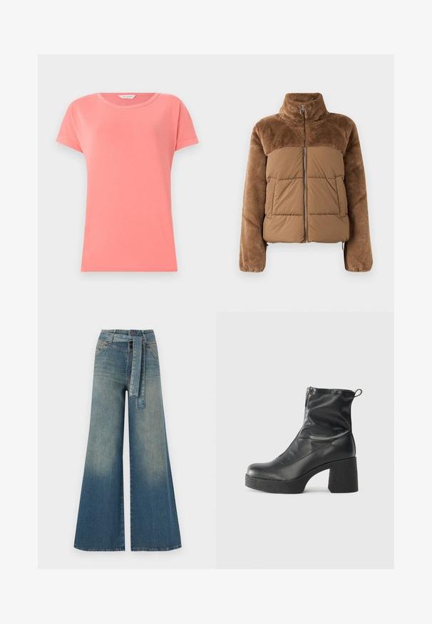 Ruda pūkinė striukė su minkšta, pūkuota viršutine dalimi. Turime aukštą apykaklę, priekiniį užtrauktuką ir dvi šonines kišenes.; Koralo rožinės spalvos trumpomis rankovėmis marškinėliai, pagaminti iš minkštos medvilnės, su apvaliu iškirpimu. Turi paprastą dizainą ir lygų audinio paviršių.; Platus džinsinis kelnes su šviesiai tamsiai mėlynu gradientu, aukštu juosmeniu, diržo kilpomis ir atitinkančiu audinio diržu. Textūruotas džinsinis paviršius.; Juodos kulkšninių botai, pagaminti iš lygaus odos, su šoniniu užtrauktuku, masyviu tekstūruotu kulnu ir apvaliu pirštu.