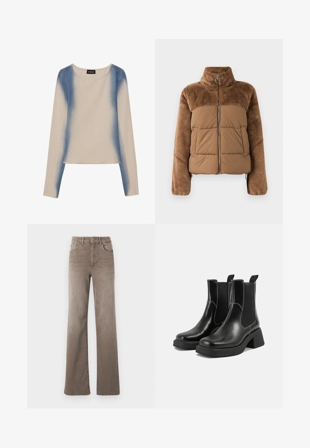 Jachetă puf din material maro, cu o secțiune superioară moale și pufoasă. Dispune de un guler înalt, fermoar frontal și două buzunare laterale.; Top cu mânecă lungă în bej deschis, având un design în gradient de albastru. Textură netedă cu decolteu rotund și tiv drept.; Jeans maro cu talie înaltă, drept, cu buton frontal, bucle pentru curea și design clasic cu cinci buzunare, pe un fundal alb.; Botine Chelsea din piele neagră, cu toc masiv, panouri laterale elastice și cusături albe contrastante. Finisaj texturat.