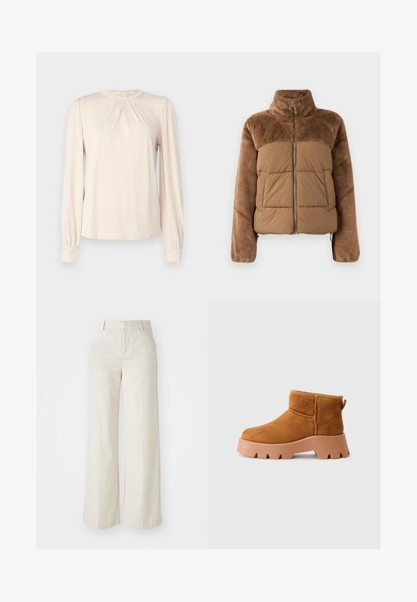 Bruine pufferjack met een zachte, donzige bovenkant. Beschikt over een hoge kraag, een ritssluiting aan de voorkant en twee zijzakken.; Lichtbeige blouse met lange mouwen en een ronde halslijn, met plooien aan de voorkant en gathered mouwen. Zacht, glad stof met een minimalistisch ontwerp.; Brede broek in een lichte beige kleur, gemaakt van een gladde stof. Kenmerkt zich door een klassieke tailleband en een vlakke voorkant met strakke lijnen.; Tansuède enkellaarsjes met een ronde neus, een getextureerde bruine zool en een trekband. Voorzien van een gestikte naad en een chunky platformontwerp.
