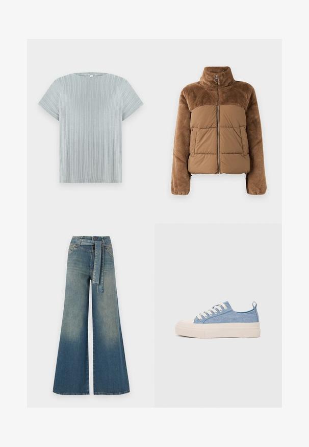 Jachetă puf din material maro, cu o secțiune superioară moale și pufoasă. Dispune de un guler înalt, fermoar frontal și două buzunare laterale.; Top scurt cu maneci scurte de culoare gri deschis, cu o textură striată și un guler rotund, având dungi verticale pe material.; Pantaloni din denim largi, cu un gradient de la albastru deschis la albastru închis, talie înaltă, bucle pentru curea și o curea din același material. Finisaj texturat din denim.; Sneakers din pânză de culoare albastru deschis, cu vârf și talon din cauciuc crem, având șireturi albe și un maner pe călcâi.