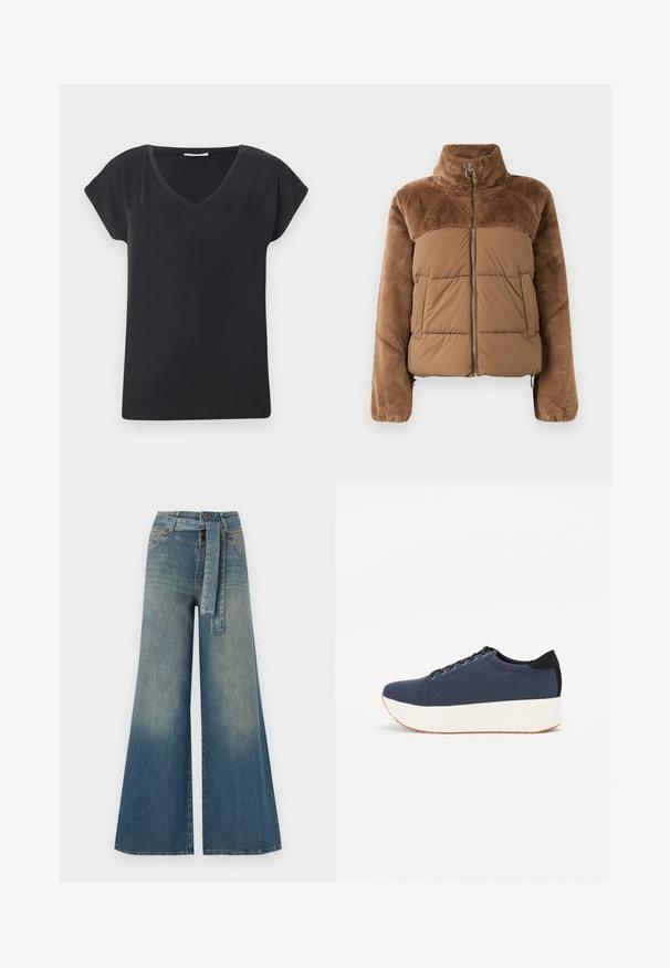 Brown puffer jacket with a soft, fluffy upper section. Features a high collar, front zipper, and two side pockets.; Black short-sleeve t-shirt with a V-neck design. Made from a smooth fabric, it features a loose fit and clean edges. Minimalist style.; Wide-leg denim trousers featuring a light to dark blue gradient, high waist, belt loops, and a matching fabric belt. Textured denim finish.; Navy blue sneaker with a textured fabric upper, white platform sole, rounded toe, and black heel accent. Features six eyelets for laces.