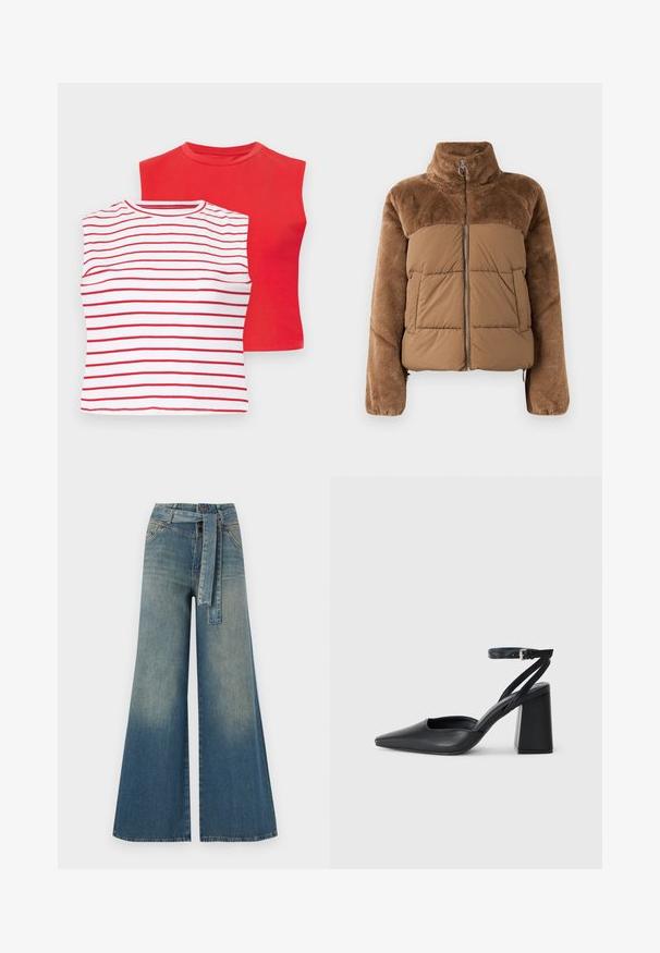 Brown puffer jacket with a soft, fluffy upper section. Features a high collar, front zipper, and two side pockets.; Two short-sleeve tops: one red solid color and one white with horizontal red stripes. Both have rounded necklines and a soft cotton texture.; Wide-leg denim trousers featuring a light to dark blue gradient, high waist, belt loops, and a matching fabric belt. Textured denim finish.; Black leather pointy-toe pump with an ankle strap and a chunky heel. Flat texture, sleek design, and minimalistic aesthetics.