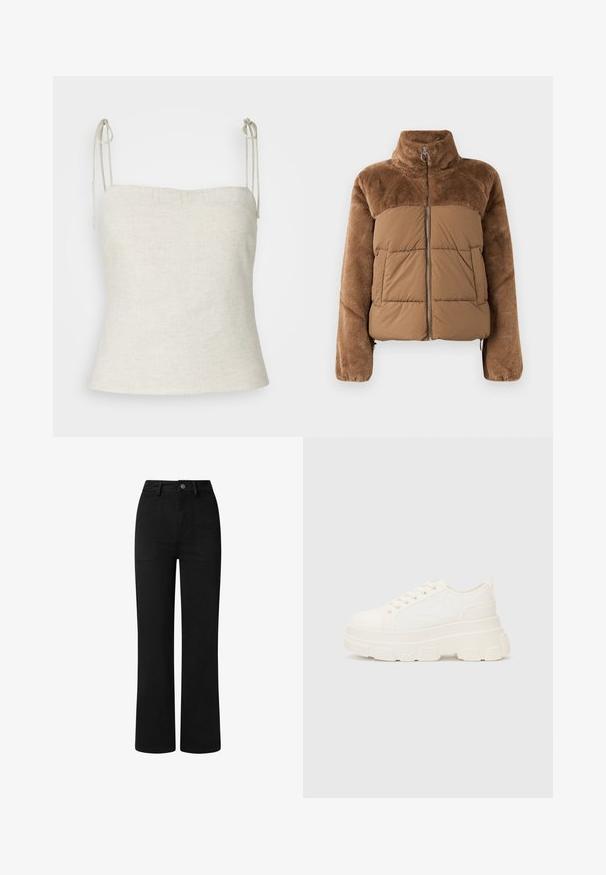 Barna puffernadrág, puha, bolyhos felső résszel. Magas gallérral, elülső cipzárral és két oldalzsebbel rendelkezik.; Fehér len felső, állítható pántokkal a vállaknál, egyenes nyakkivágással és a deréknál szűkülő, testhez simító siluettel.; Fekete, magas derekú nadrág, egyenes lábformával, sima pamutszövetből készült. Elöl zsebekkel és egyszerű fémből készült gombos záródással rendelkezik.; Fehér vászon sportcipő vastag talppal, lekerekített orral és öt fűzőlyukkal. Hátulján egy fül a könnyű felvétel érdekében. Simára kidolgozott textúra, minimális dizájn.