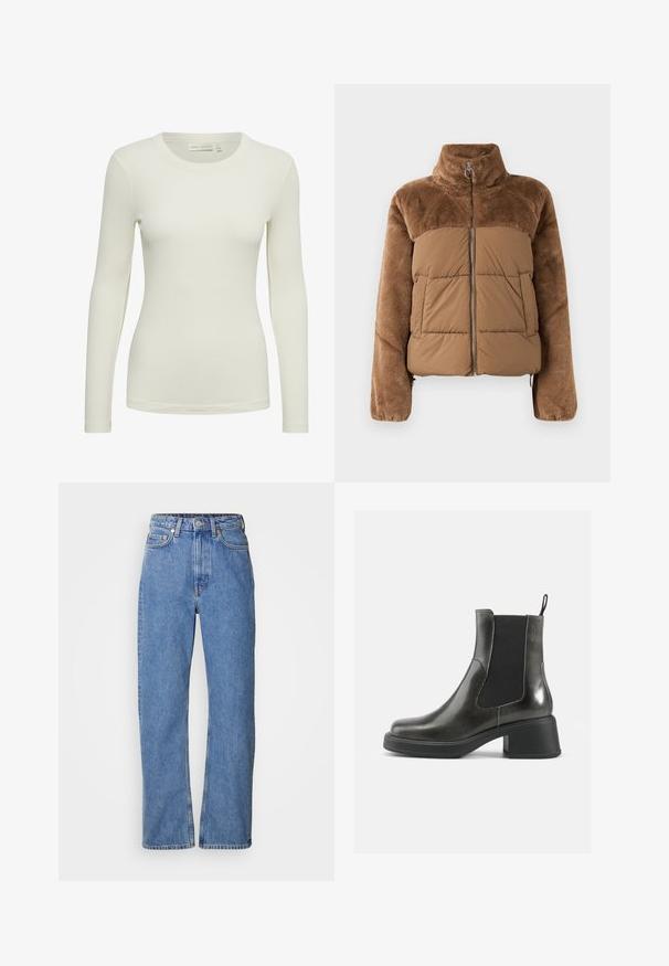 Brown puffer jacket with a soft, fluffy upper section. Features a high collar, front zipper, and two side pockets.; Long-sleeve ribbed top in off-white, featuring a round neckline and fitted design. Made from a soft, smooth material with a subtle texture.; Light blue denim jeans with a straight-leg fit, featuring a high waist, five pockets, visible stitching, and copper hardware details.; Black leather ankle boots with a smooth finish, elastic side panels, and a chunky heel. Features a pull tab for easier wear.