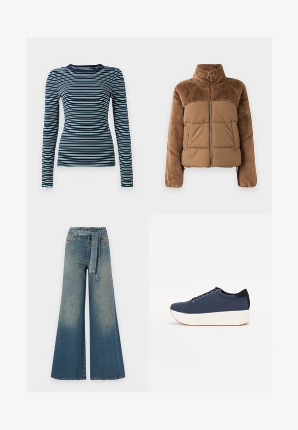 Brown puffer jacket with a soft, fluffy upper section. Features a high collar, front zipper, and two side pockets.; Long-sleeve, fitted top in navy with alternating white and teal horizontal stripes. Soft ribbed texture, round neckline, and a simplistic design.; Wide-leg denim trousers featuring a light to dark blue gradient, high waist, belt loops, and a matching fabric belt. Textured denim finish.; Navy blue sneaker with a textured fabric upper, white platform sole, rounded toe, and black heel accent. Features six eyelets for laces.