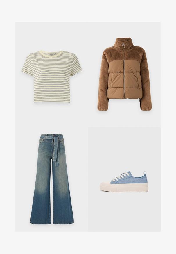 Jachetă puf din material maro, cu o secțiune superioară moale și pufoasă. Dispune de un guler înalt, fermoar frontal și două buzunare laterale.; Tricou galben cu dungi, cu linii orizontale albastre, guler rotund, mâneci scurte și o croială scurtă. Material din bumbac moale, design simplu.; Pantaloni din denim largi, cu un gradient de la albastru deschis la albastru închis, talie înaltă, bucle pentru curea și o curea din același material. Finisaj texturat din denim.; Sneakers din pânză de culoare albastru deschis, cu vârf și talon din cauciuc crem, având șireturi albe și un maner pe călcâi.