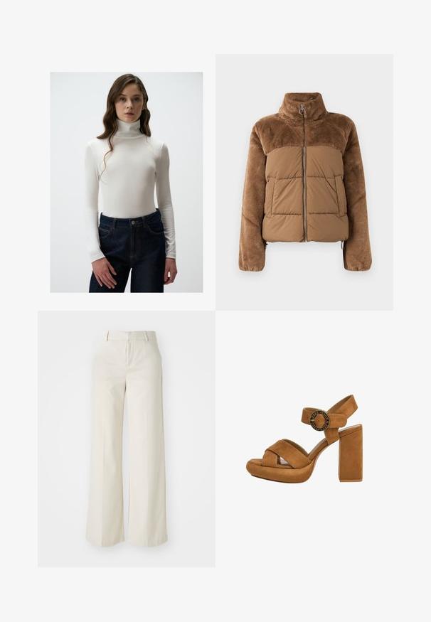 Giacca a vento marrone con una parte superiore morbida e soffice. Presenta un colletto alto, una cerniera frontale e due tasche laterali.; Maglione a collo alto bianco a costine con maniche lunghe abbinato a jeans scuri a vita alta con chiusura a bottoni e dettagli di cucitura arancione.; Pantaloni a gamba larga di un colore beige chiaro, realizzati in un tessuto liscio. Presentano una vita classica e una parte anteriore piatta con linee pulite.; Sandali con tacco in suede marrone, dotati di suola a piattaforma, ampi lacci incrociati e dettaglio di fibbia metallica circolare sulla cinghia alla caviglia.