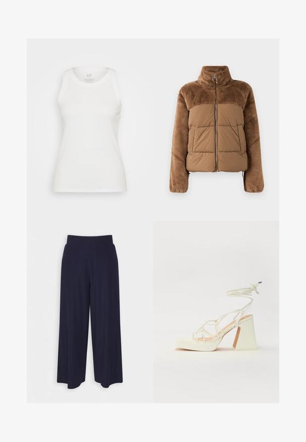 Hnedá puffová bunda s mäkkou, nadýchanou hornou časťou. Obsahuje vysoký golier, predný zips a dve bočné vrecká.; GAP HIGH NECK TANK - Top - white; Široké nohavice z tmavomodrej látky s ribbovanou textúrou. Obsahujú hladký pás a voľný siluetu, s dĺžkou po stred lýtok.; Biele sandále na vysokom opätku s hrubým podpätkom, s pruhovaným dizajnom a viazaním na členku. Hladký povrch s platformou vpredu pre zvýšenú výšku.
