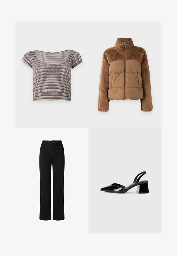 Bruine pufferjack met een zachte, donzige bovenkant. Beschikt over een hoge kraag, een ritssluiting aan de voorkant en twee zijzakken.; Bruin, blauw en beige gestreepte korte mouw cropped top met een ronde hals en de tekst "JA GRAAG" op de borst.; Zwarte, hooggeplaatste broeken met een recht model, gemaakt van zachte katoenen stof. Voorzien van zijzakken en een eenvoudige metalen knoopsluiting.; Zwarte gepatineerde leren slingback hakken met een spitse neus en een geometrische blokhak. Kenmerkt zich door een slank, minimalistisch ontwerp en een gladde textuur.