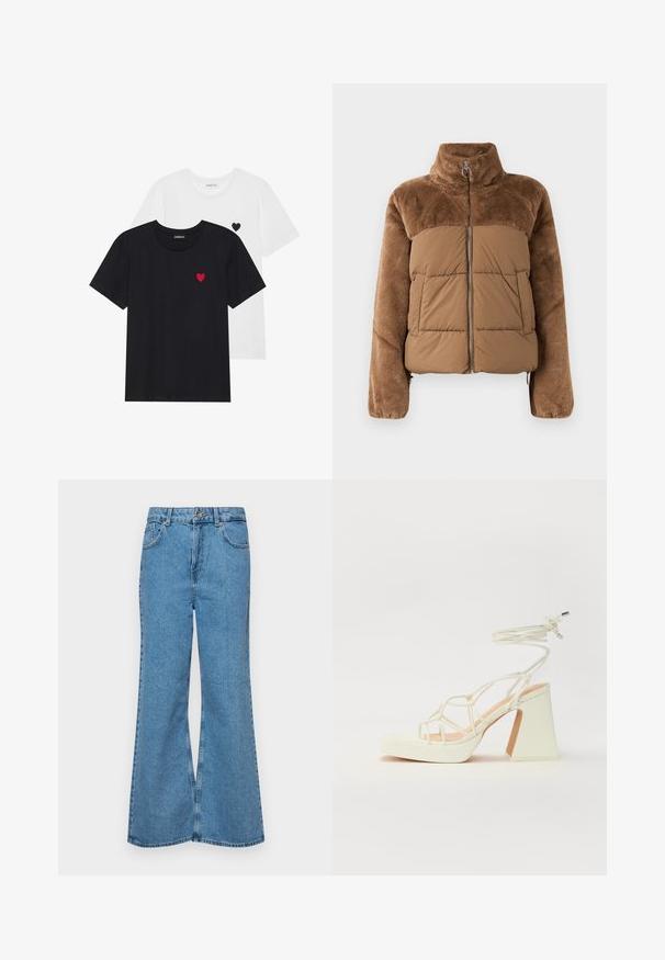 Pruun puffer-jakk, millel on pehme ja karvane ülemine osa. Omab kõrget krae, ees olevat tõmblukku ja kahte küljetaskut.; Even&Odd 2 PACK - Trükipildiga T-särk - white/black; Heledad sinine flared teksade rõivad, millel on kõrge talje, viis taskut ja üks nupulukk. Pehme tekstuur ja pleekinud viimistlus.; Valged kõrge kontsaga sandaalid, millel on paks konts ja rihmadega disain koos pahkluu sidumisega. Sile tekstuur ja platvorm ees, et lisada kõrgust.