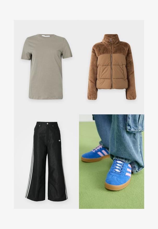 Hnedá puffová bunda s mäkkou, nadýchanou hornou časťou. Obsahuje vysoký golier, predný zips a dve bočné vrecká.; Khaki tričko s krátkym rukávom z mäkkého materiálu. Okrúhly výstrih; rovný lem. Minimalistický dizajn bez viditeľných vzorov či akcentov.; Čierne džínsy s širokým strihom, s tromi bielymi pruhmi po stranách a malým bielym logom. Obsahujú predné vrecká a zapínanie na gombík.; Modré semišové topánky s ružovými pruhmi a bielymi šnúrkami, s gumenou podrážkou, skombinované s voľnými džínsami na zelenej ploche.