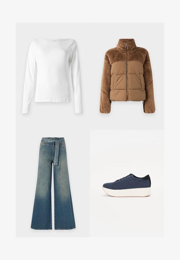 Braune Pufferjacke mit einem weichen, flauschigen oberen Bereich. Sie verfügt über einen hohen Kragen, einen Frontreißverschluss und zwei seitliche Taschen.; Langarm-weißer T-Shirt aus weicher Baumwolle, mit einem Bootsausschnitt und taillierter Passform, mit minimalen Nähdetails am Saum.; Weit geschnittene Denim-Hosen mit einem Farbverlauf von hellblau zu dunkelblau, hoher Taille, Gürtelschlaufen und einem passenden Stoffgürtel. Strukturierte Denim-Oberfläche.; Dunkelblaue Sneaker mit einem strukturierten Obermaterial, weißer Plattformsohle, runder Zehenpartie und schwarzem Fersenakzent. Verfügt über sechs Ösen für die Schnürsenkel.