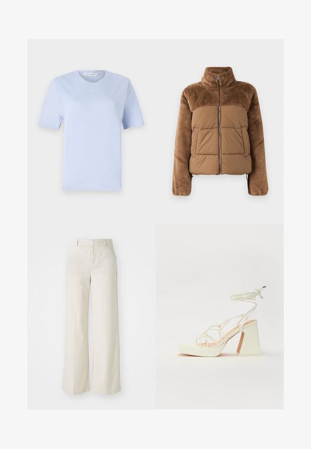 Hnědá péřová bunda s měkkou, načechranou horní částí. Má vysoký límec, přední zip a dvě boční kapsy.; Světle modré tričko s krátkým rukávem vyrobené z měkké bavlny. Má kulatý výstřih a malé vyšívané logo na hrudi.; Kalhoty s širokými nohavicemi v jasně béžové barvě, vyrobené z hladkého materiálu. Mají klasický pas a plochý přední díl s čistými liniemi.; Bílé sandály na vysokém podpatku s robustním podpatkem, s designem s pásky a zavazováním kolem kotníku. Hladký povrch s platformou vpředu pro zvýšení výšky.