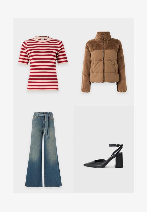 Hnědá péřová bunda s měkkou, načechranou horní částí. Má vysoký límec, přední zip a dvě boční kapsy.; Červeno-krémový pruhovaný krátký rukáv pletený tričko s kulatým výstřihem a žebrovanou texturou. Rovnoměrně rozmístěné pruhy po celé látce.; Džínové kalhoty širokého střihu s přechodem od světlé k tmavě modré, vysokým pasem, poutky na opasek a odpovídajícím opaskem ze stejného materiálu. Texturovaná džínovina.; Černé kožené lodičky se špičatou špičkou, kotníkovým páskem a silným podpatkem. Hladká textura, elegantní design a minimalistická estetika.