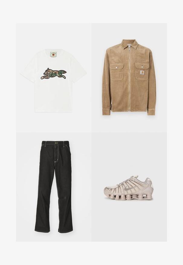 Casaco de corduroy castanho com fecho frontal, dois bolsos no peito e um pequeno rótulo do logótipo. Apresenta um colarinho clássico e uma textura canelada.; T-shirt de algodão branco com um grande gráfico de uma raposa a saltar em cores de camuflagem, contornado a preto. Mangas curtas e gola redonda.; Calças de ganga pretas de corte largo, com costuras brancas em contraste, fecho de botão e design de perna reta.; Shoe desportivo de tom bege claro com parte superior em malha, design estruturado e sola almofadada distinta com secções cilíndricas.