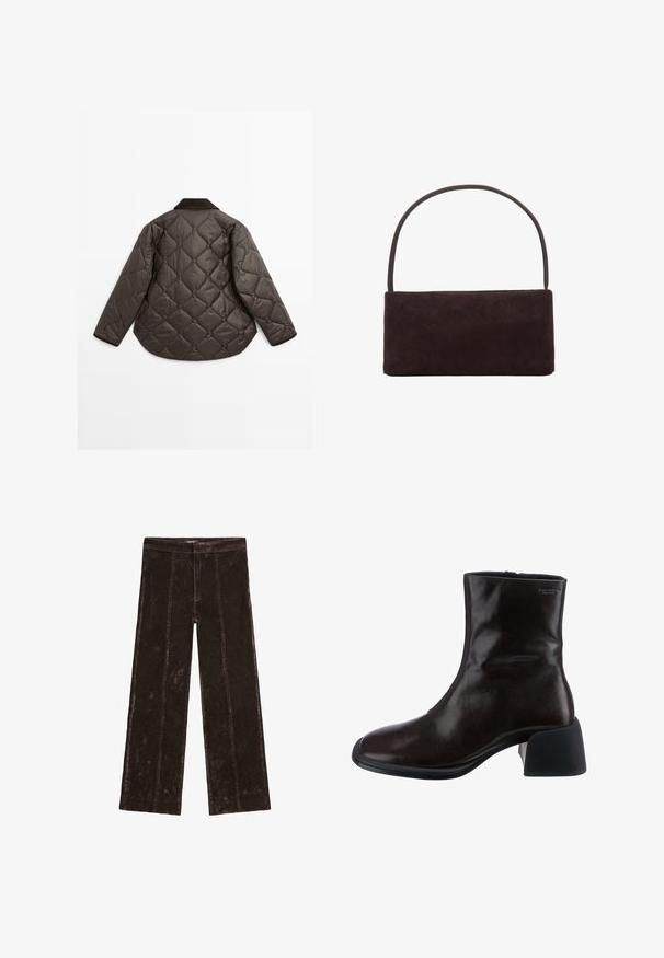 Hnědá prošívaná bunda s zaobleným lemem, dlouhými rukávy a tmavým límcem. Texturovaný povrch s celoplošnými diamantovými vzory.; Béžový pletený cardigan s límečkem, vybavený černými zapínáními na knoflíky a ribbovanými manžetami a spodním lemem. Měkká textura, zkrácený střih.; Bílé tričko s dlouhým rukávem z měkké bavlny. Má kulatý výstřih, rovný lem a bezšvové ramena pro hladký, elegantní vzhled.; Kalhoty s širokými nohavicemi v tmavě hnědé barvě, s texturou podobnou semiši, vertikálními švy a elastickým pasem pro pohodlí.; Vagabond ANSIE - Kotníkové boty - braun; Obdélníková tmavě hnědá semišová taška se štíhlým jedním uchem, minimalistický design a žádné viditelné ozdoby.