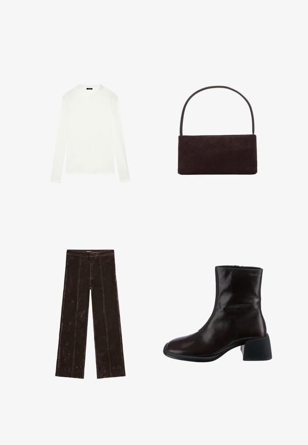 Braune gesteppte Jacke mit abgerundetem Saum, langen Ärmeln und einem dunklen Kragen. Texturierte Oberfläche mit rautenförmigen Mustern.; Beige Strickjacke mit kragenförmigem Ausschnitt, ausgestattet mit schwarzen Knebelverschlüssen sowie gerippten Bündchen und Saum. Weicher Stoff, kürzerer Schnitt.; Weißes Langarm-T-Shirt aus weicher Baumwolle. Es hat einen Rundhalsausschnitt, einen geraden Saum und nahtlose Schultern für einen glatten, schlanken Look.; Bequeme weit geschnittene Hosen in Dunkelbraun, mit einer samtartigen Textur, vertikalen Nähdetails und einem elastischen Taillenbund.; Vagabond ANSIE - Stiefelette - braun; Rechteckige Handtasche aus dunkelbraunem Wildleder mit einem schmalen Einzelhenkel, minimalistischem Design und ohne sichtbare Verzierungen.
