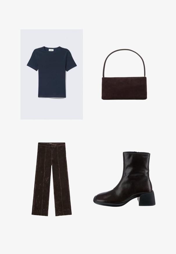 Hnědá prošívaná bunda s zaobleným lemem, dlouhými rukávy a tmavým límcem. Texturovaný povrch s celoplošnými diamantovými vzory.; Béžový pletený cardigan s límečkem, vybavený černými zapínáními na knoflíky a ribbovanými manžetami a spodním lemem. Měkká textura, zkrácený střih.; Námořnická modrá tričko s krátkým rukávem a kulatým výstřihem. Vyrobeno z měkké tkaniny, na krku s etiketou "WEEKDAY".; Kalhoty s širokými nohavicemi v tmavě hnědé barvě, s texturou podobnou semiši, vertikálními švy a elastickým pasem pro pohodlí.; Vagabond ANSIE - Kotníkové boty - braun; Obdélníková tmavě hnědá semišová taška se štíhlým jedním uchem, minimalistický design a žádné viditelné ozdoby.
