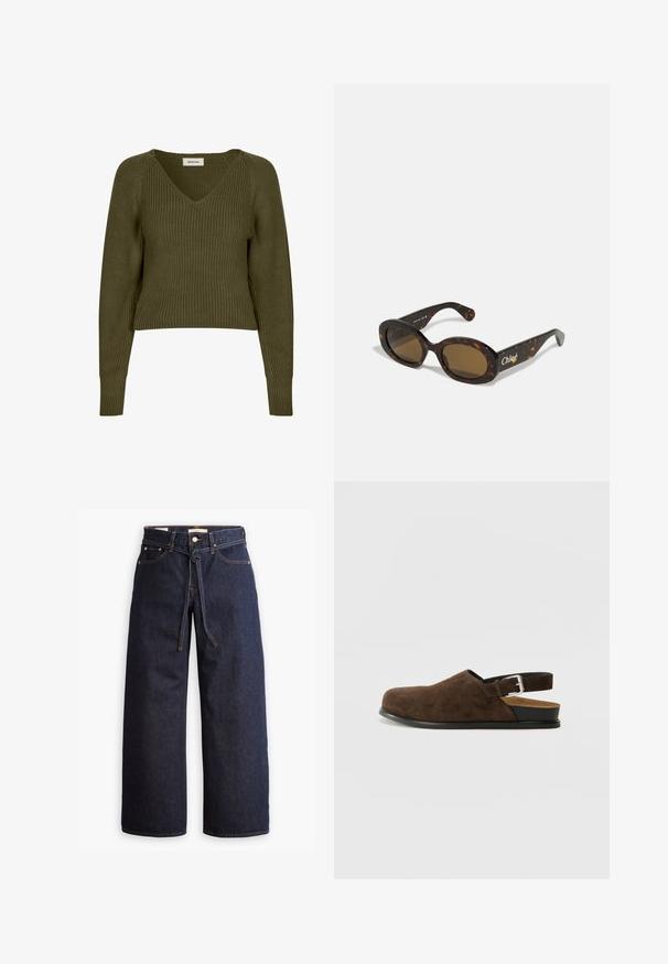 Braune gesteppte Jacke mit abgerundetem Saum, langen Ärmeln und einem dunklen Kragen. Texturierte Oberfläche mit rautenförmigen Mustern.; Olivengrüner, kurzer Strickpullover mit V-Ausschnitt und langen Ärmeln. Besitzt eine Rippstruktur und seitliche Schlitze für einen lässigen Sitz.; Weite, dunkelblaue Jeans aus Denim mit hoher Taille, ausgestattet mit einem Kordelzug, fünf Taschen und kontrastierenden Nähdetails.; Braune Wildleder-Ballenrutscher mit niedrigem Absatz, verstellbarem Riemen mit silberner Schnalle und schwarzer Gummisohle.; Schildpatt-Sonnenbrille mit ovalen Fassungen, braunen getönten Gläsern und "Chloé"-Markierung am Bügel. Glattes Kunststoffmaterial mit glänzender Oberfläche.; Braune Wildleder-Tasche mit breiter Form und weicher Textur, ausgestattet mit einem einzigen Tragegurt und minimalem Zubehör vor einem neutralen Hintergrund.