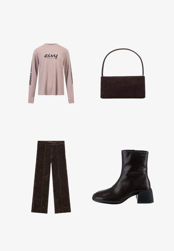 Bruine gevoerde jas met een ronde zoom, lange mouwen en een donkere kraag. Geverfde textuur met diamanten patronen over het gehele oppervlak.; Lange mouwen, lichtroze top van ribstof. Heeft een ronde halslijn en zwarte bedrukte tekst op de mouwen en de borst.; Wijdlopende broek in donkerbruin, met een suède-achtige textuur, verticale stiksels en een elastische tailleband voor comfort.; Vagabond ANSIE - Korte laarzen - braun; Rechthoekige donkerbruine suède handtas met een slanke enkele handgreep, minimalistisch ontwerp en geen zichtbare versieringen.