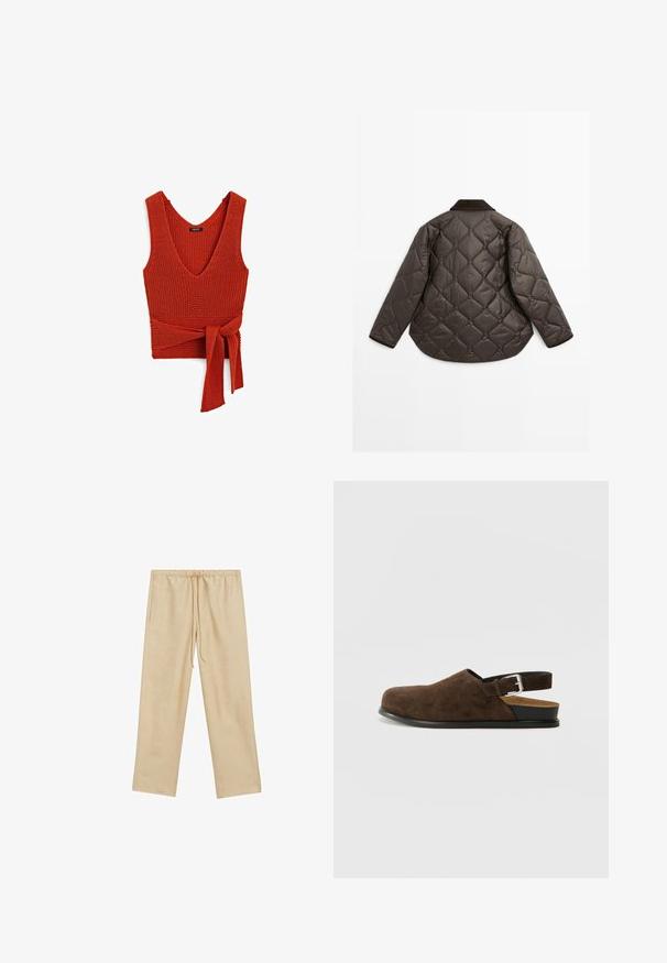 Bruine gevoerde jas met een ronde zoom, lange mouwen en een donkere kraag. Geverfde textuur met diamanten patronen over het gehele oppervlak.; Rode gebreide tanktop met een diepe V-hals en een strik taille, voorzien van een gestructureerd oppervlak en brede banden.; Lichtbeige, loszittende broeken met een elastische tailleband en trekkoord. Bevat twee zijzakken en heeft een gladde textuur.; Bruin suède instapper met een lage hak, een verstelbare band met een zilveren gesp en een zwarte rubberen zool.