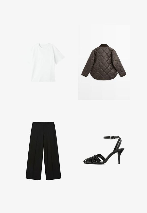 Brun quiltad jacka med rundad fåll, långa ärmar och en mörk krage. Strukturerad yta med diamantformade mönster genom hela jackan.; Vit kortärmad t-shirt med rund halsringning, tillverkad av mjuk bomullstyg, med en avslappnad passform utan dekorationer eller mönster.; Svarta vida byxor i mjukt tyg, med hög midja och veck, som har en slät yta utan synliga dekorationer.; Svart läder högklackad sandal med ankelrem, med flätade remmar över tån, en slät yta och en spetsig tåform.