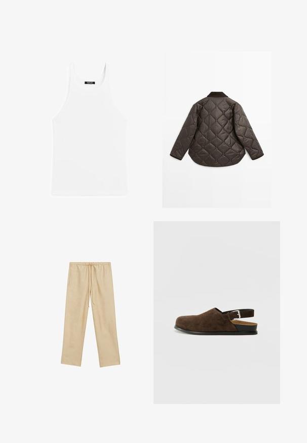 Brun quiltet jakke med afrundet kant, lange ærmer og en mørk krave. Tekstureret overflade med diamantformede mønstre overalt.; Hvid bomulds tanktop med ribbet tekstur, rund halsudskæring og brede skulderstropper. Etiketten er placeret bagpå inde i halsudskæringen.; Lys beige, løstsiddende bukser med elastisk talje og snøre. Har to sidelommer og en glat overflade.; Brune ruskinds slip-on sko med lav hæl, en justerbar rem med en sølv spænde og en sort gummisål.