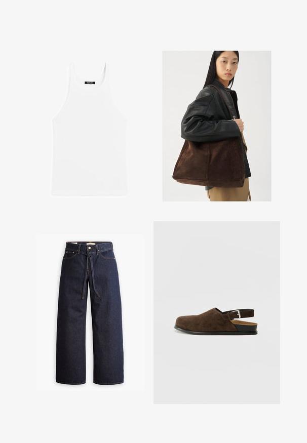 Brun quiltet jakke med afrundet kant, lange ærmer og en mørk krave. Tekstureret overflade med diamantformede mønstre overalt.; Hvid bomulds tanktop med ribbet tekstur, rund halsudskæring og brede skulderstropper. Etiketten er placeret bagpå inde i halsudskæringen.; Bredde ben mørkeblå denim jeans med høj talje, der har snoretræk, fem lommer og kontrastsyet detaljer.; Brune ruskinds slip-on sko med lav hæl, en justerbar rem med en sølv spænde og en sort gummisål.; Brun ruskind tote taske med en bred form og blød tekstur, der har en enkelt strop og minimal hardware mod en neutral baggrund.