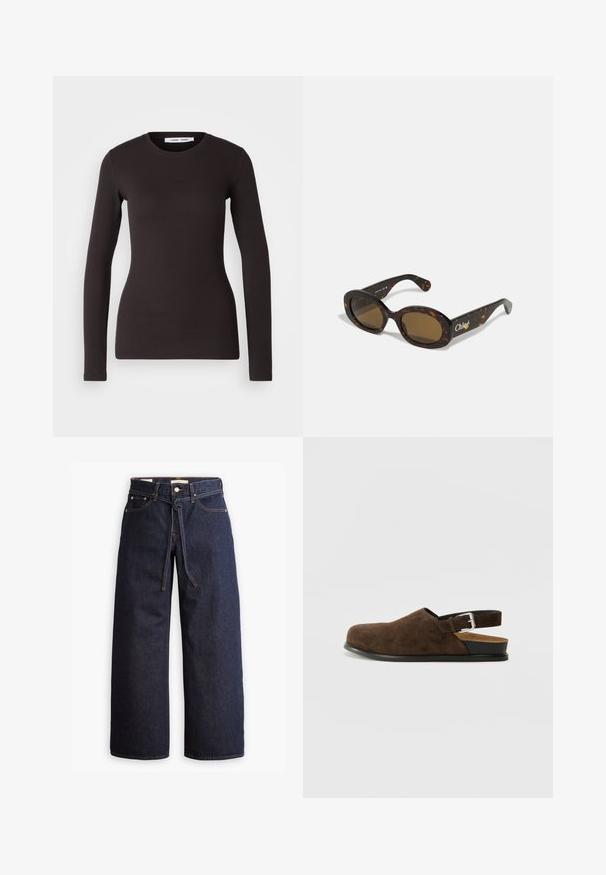 Brown quilted jacket featuring a rounded hem, long sleeves, and a dark collar. Textured surface with diamond-shaped patterns throughout.; Long-sleeve black top made of soft, stretchy fabric. Features a round neckline and slim fit with smooth texture and no visible patterns.; Wide-leg dark blue denim jeans with a high waist, featuring a drawstring tie, five pockets, and contrasting stitching details.; Brown suede slip-on shoe with a low heel, an adjustable strap with a silver buckle, and a black rubber sole.; Tortoiseshell sunglasses with oval frames, brown tinted lenses, and "Chloé" branding on the arm. Smooth plastic material with glossy finish.; Brown suede tote bag with a wide shape and soft texture, featuring a single strap and minimal hardware against a neutral backdrop.