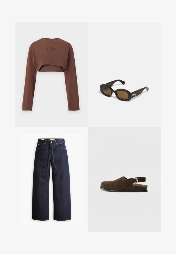 Brązowa pikowana kurtka z okrągłym dołem, długimi rękawami i ciemnym kołnierzem. Teksturowana powierzchnia z rombowymi wzorami na całej powierzchni.; Brązowa krótka bluza z długimi rękawami, okrągłym dekoltem i teksturowanym detalem na przodzie. Wykonana z miękkiego materiału.; Spodnie dżinsowe w kolorze ciemnoniebieskim o szerokich nogawkach i wysokim stanie, z wiązaniem na sznurki, pięcioma kieszeniami oraz kontrastowymi detalami w staszcu.; Brązowy zamszowy but wsuwany z niskim obcasem, regulowanym paskiem z srebrną klamrą i czarną gumową podeszwą.; Okulary przeciwsłoneczne w kolorze żółwiej skorupy z owalnymi ramkami, brązowymi szkłami i logo "Chloé" na zauszniku. Gładki plastikowy materiał z błyszczące wykończenie.; Brązowa zamszowa torba typu tote o szerokim kształcie i miękkiej teksturze, z pojedynczym uchwytem i minimalnym wykończeniem na neutralnym tle.