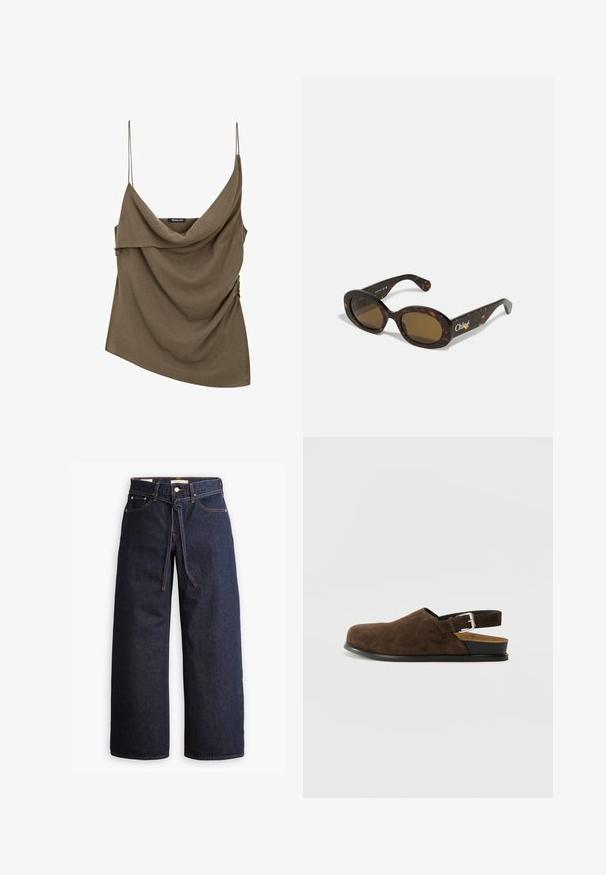 Braune gesteppte Jacke mit abgerundetem Saum, langen Ärmeln und einem dunklen Kragen. Texturierte Oberfläche mit rautenförmigen Mustern.; Olivgrünes, drapiertes ärmelloses Oberteil mit dünnen Spaghettiträgern und gerafftem Seitendetail, aus einem weichen Stoff gefertigt. Asymmetrische Maße.; Weite, dunkelblaue Jeans aus Denim mit hoher Taille, ausgestattet mit einem Kordelzug, fünf Taschen und kontrastierenden Nähdetails.; Braune Wildleder-Ballenrutscher mit niedrigem Absatz, verstellbarem Riemen mit silberner Schnalle und schwarzer Gummisohle.; Schildpatt-Sonnenbrille mit ovalen Fassungen, braunen getönten Gläsern und "Chloé"-Markierung am Bügel. Glattes Kunststoffmaterial mit glänzender Oberfläche.