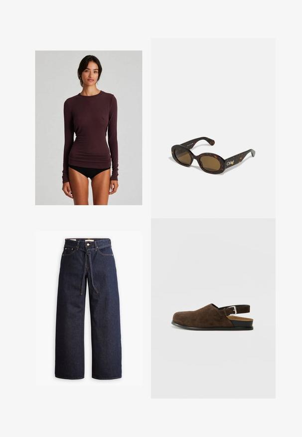 Brown quilted jacket featuring a rounded hem, long sleeves, and a dark collar. Textured surface with diamond-shaped patterns throughout.; Long-sleeve purple top made of soft fabric, featuring a fitted design, crew neckline, and smooth texture. No visible patterns or accents.; Wide-leg dark blue denim jeans with a high waist, featuring a drawstring tie, five pockets, and contrasting stitching details.; Brown suede slip-on shoe with a low heel, an adjustable strap with a silver buckle, and a black rubber sole.; Tortoiseshell sunglasses with oval frames, brown tinted lenses, and "Chloé" branding on the arm. Smooth plastic material with glossy finish.; Brown suede tote bag with a wide shape and soft texture, featuring a single strap and minimal hardware against a neutral backdrop.