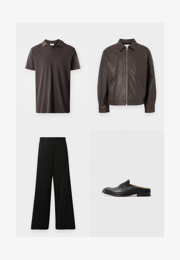 Rudos odos švarkas su spaudžiamu apykakle, priekyje užsegamas užtrauktuku, ir dviem šoninėmis kišenėmis. Lygus paviršius ir prigludusi siluetas.; Tamsiai rudas trumpa rankovė polo marškinėliai su klasikinio tipo apykakle ir subtiliu tekstūriniu audiniu, tiesia apatine dalimi ir minimalistiniu dizainu.; Juodos plačios kelnės pagamintos iš minkštos medžiagos. Savybės: elastinga juosmens dalis, lygi tekstūra ir paprastas, modernus dizainas be raštų.; Juodos odinės slip-on tipo bateliai su apvaliu nosiu, žemu blokiniu kulnu ir priekiniais dirželiais. Lygus paviršius su subtiliu logotipo akcentu ant dirželio.