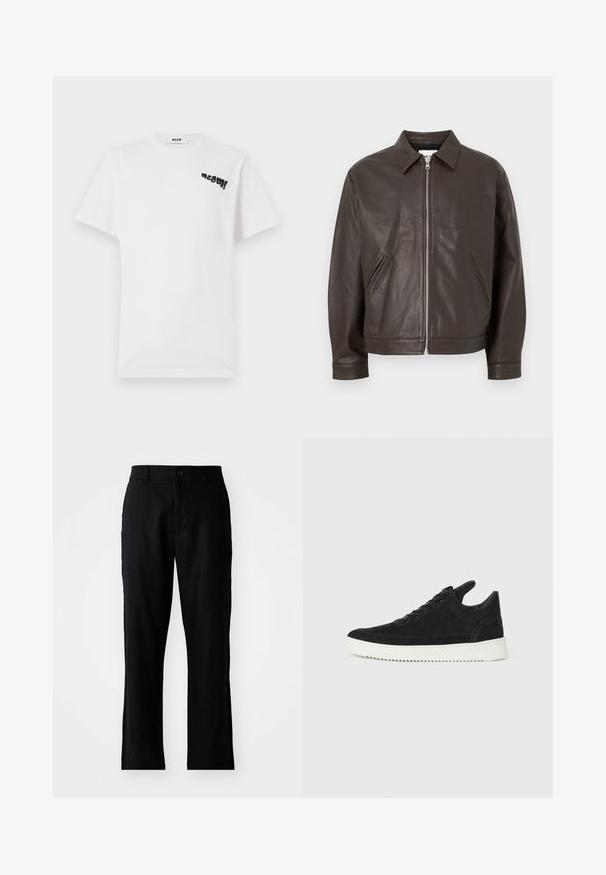 Giacca di pelle marrone con collo a pressione, chiusura frontale a zip e due tasche laterali. Tessuto liscio con una silhouette aderente.; T-shirt bianco in cotone a maniche corte, con una grafica nera "msgm!" stampata sul lato sinistro superiore. Collo rotondo, texture morbida.; Pantaloni neri in lino con una vestibilità dritta, dotati di chiusura con bottone e senza motivi visibili, texture liscia e tasche standard.; Sneaker in suede nero con suola in gomma bianca, caratterizzato da cuciture tonali e design con lacci. Texture liscia con una forma moderna e aerodinamica.