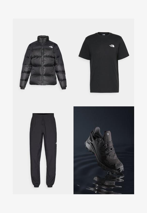 Svart pufferjacka med hög krage, frontdragkedja och horisontellt quiltad textur. Har elastiska ärmmuddar och logotyp på vänstra axeln.; Svart bomull t-shirt med kort ärm, rund halsringning och en liten vit logga på vänster bröst. Enkelt design, mjuk textur och avslappnad passform.; Svarta träningsbyxor tillverkade av lättviktsmaterial, med dragsko i midjan, sidofickor och avsmalnande muddar vid anklarna.; Svart trail running-sko med en texturerad ovandel, snörningssystem och gummiyttersula. Utrustad med vattentåligt material och röda detaljer.