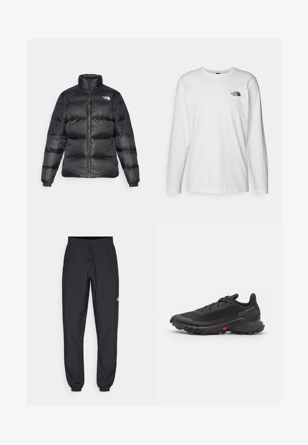 Schwarze Pufferjacke mit hohem Kragen, Frontreißverschluss und horizontal gestepptem Muster. Verfügt über elastische Bündchen und ein Markenlogo auf der linken Schulter.; Weißes langärmliges T-Shirt aus Baumwolle mit Rundhalsausschnitt. Verfügt über ein kleines schwarzes Logo auf der Brust. Glatte Textur, reguläre Passform.; Schwarze Sporthosen aus leichtem Stoff, mit einem Kordelzugbund, seitlichen Taschen und schmal zulaufenden Bündchen an den Knöcheln.; Schwarze Trailrunning-Schuhe mit atmungsaktivem Obermaterial, strukturiertem Stoff, roten Akzenten an der Sohle und aggressivem Profil für optimalen Grip.